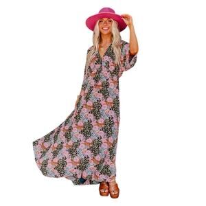 Entro Boho Floral Maxi Dress V-Neck Kimono Sleeve Multicolor Festival Size M